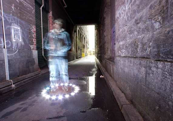 Inside a tube of light, a discrete audio commentary “Life Coach” is provided using technology that creates a beam of sound not audible to those outside it.